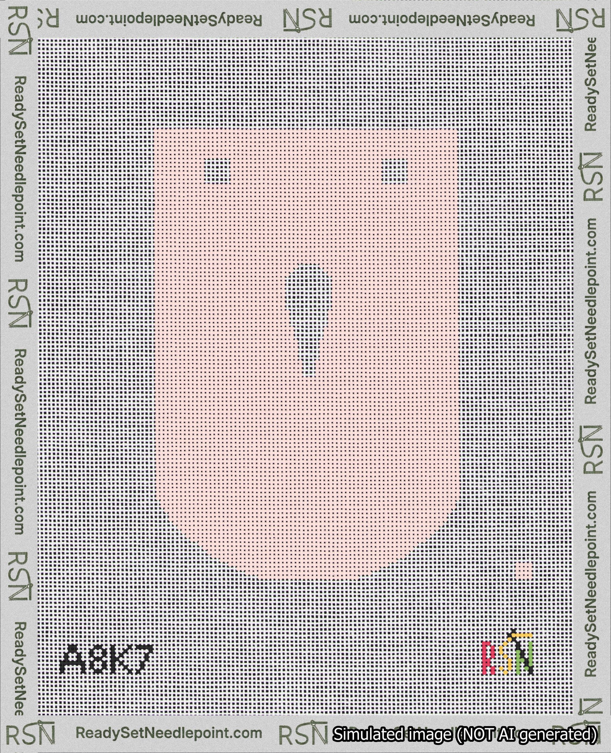 A taped needlepoint canvas with the design: Banner 18 mesh count Curved Apostrophe White on Pink.