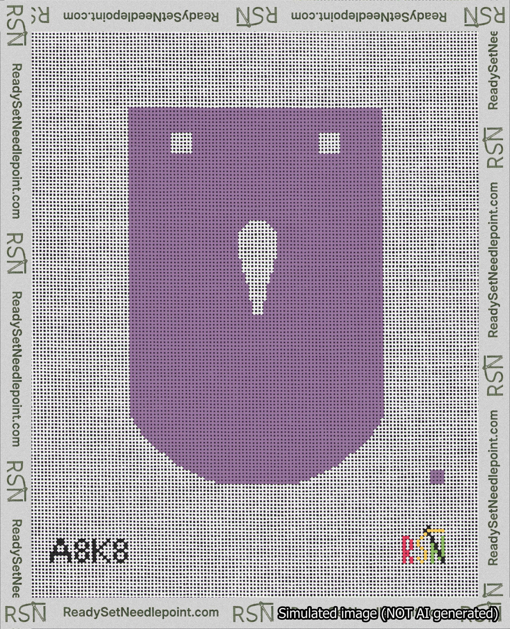 A taped needlepoint canvas with the design: Banner 18 mesh count Curved Apostrophe White on Purple.