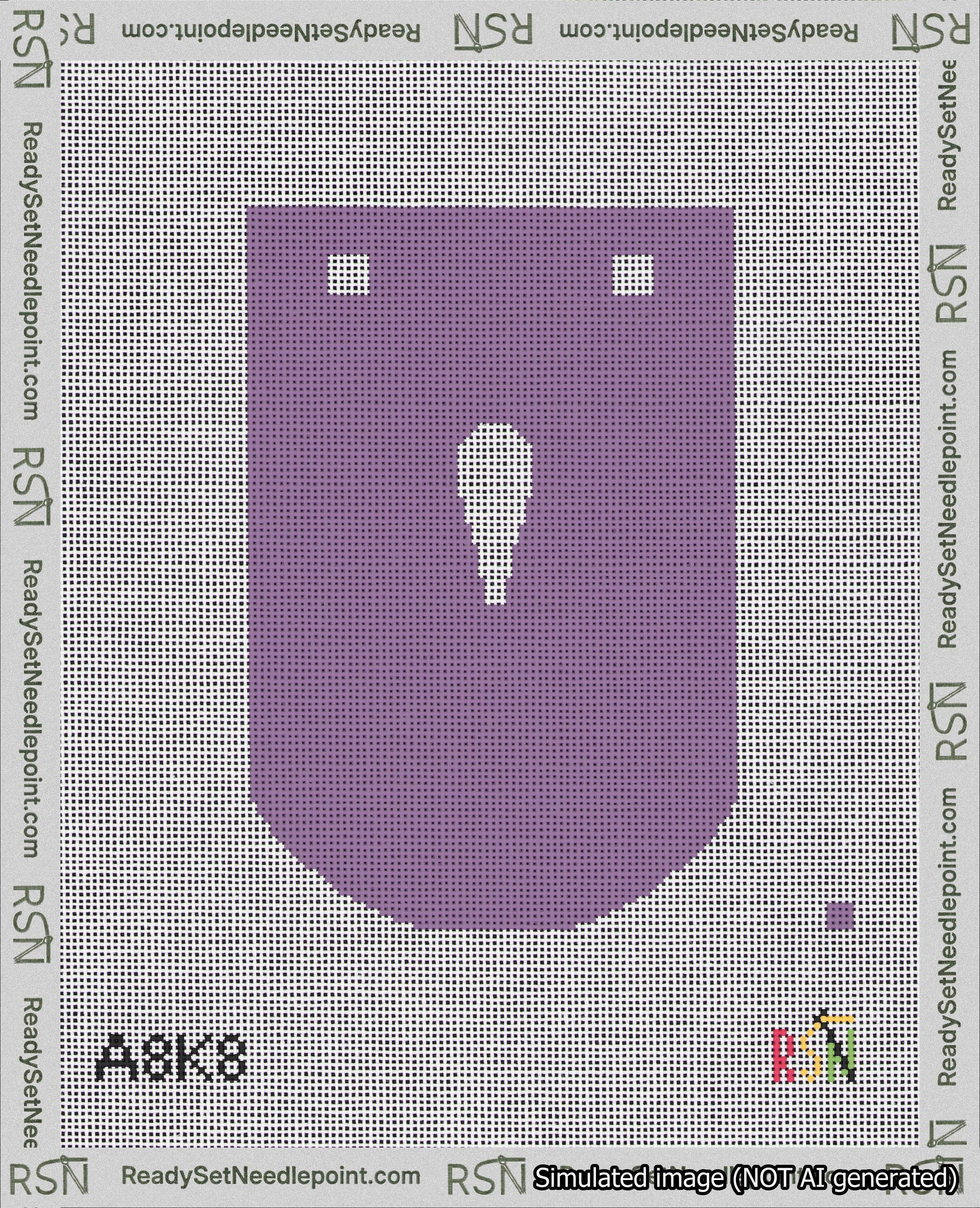A taped needlepoint canvas with the design: Banner 18 mesh count Curved Apostrophe White on Purple.