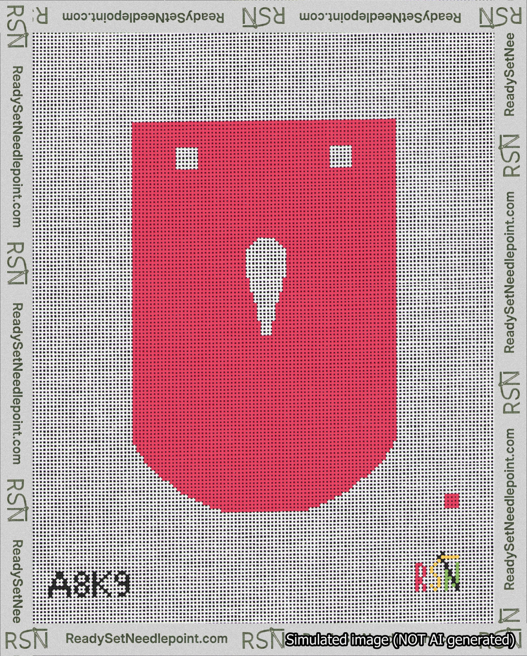A taped needlepoint canvas with the design: Banner 18 mesh count Curved Apostrophe White on Red.