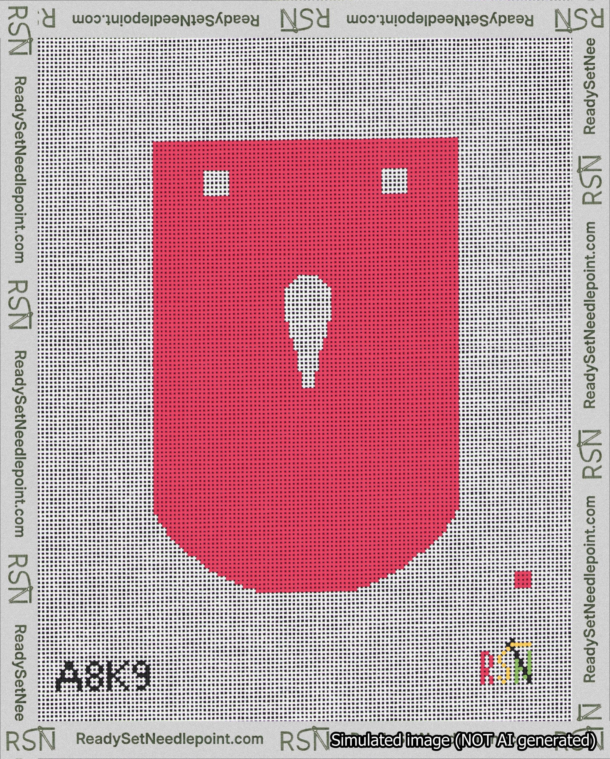 A taped needlepoint canvas with the design: Banner 18 mesh count Curved Apostrophe White on Red.