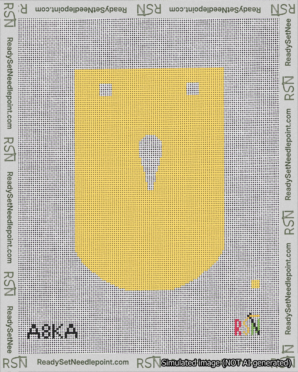 A taped needlepoint canvas with the design: Banner 18 mesh count Curved Apostrophe White on Yellow.