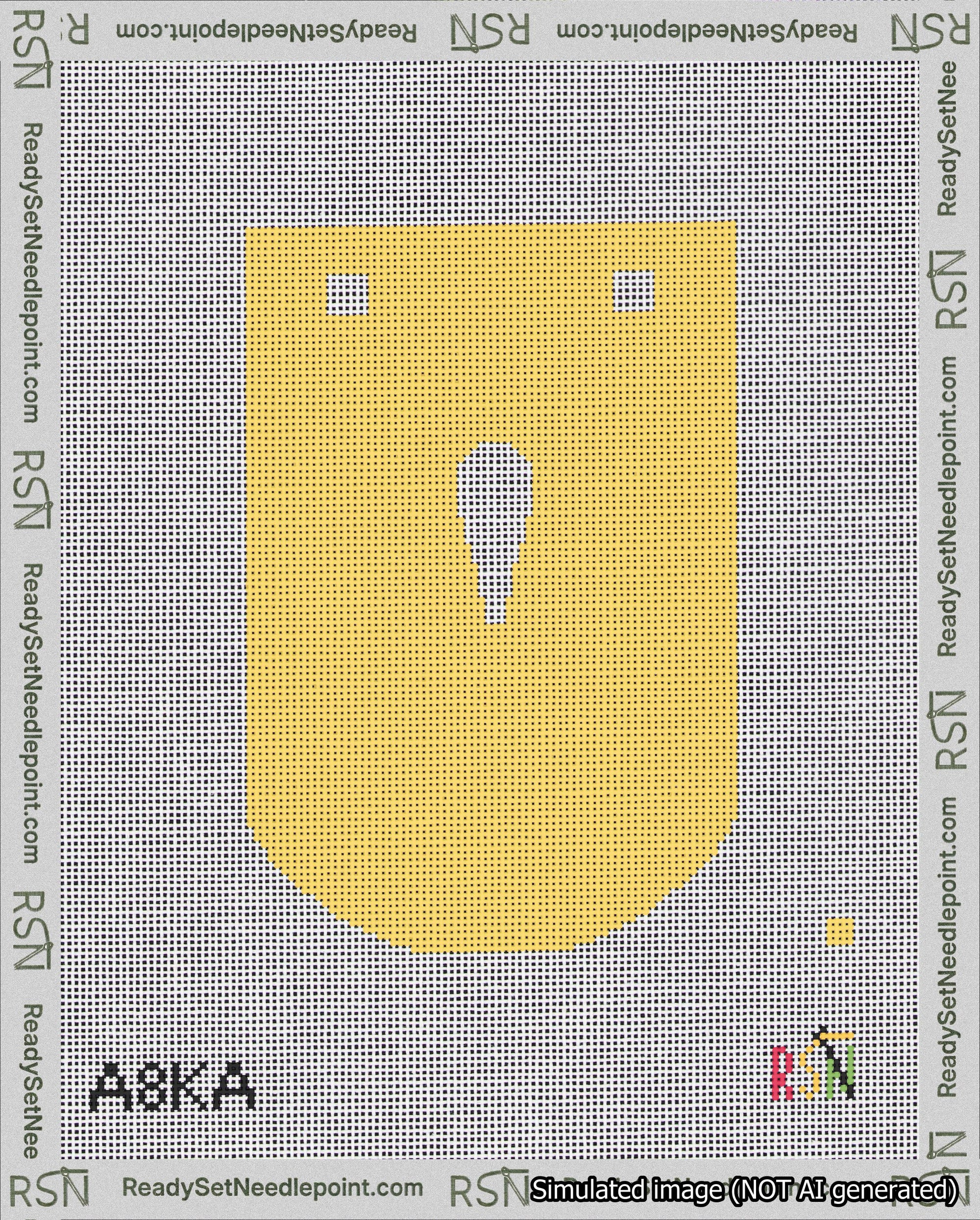 A taped needlepoint canvas with the design: Banner 18 mesh count Curved Apostrophe White on Yellow.
