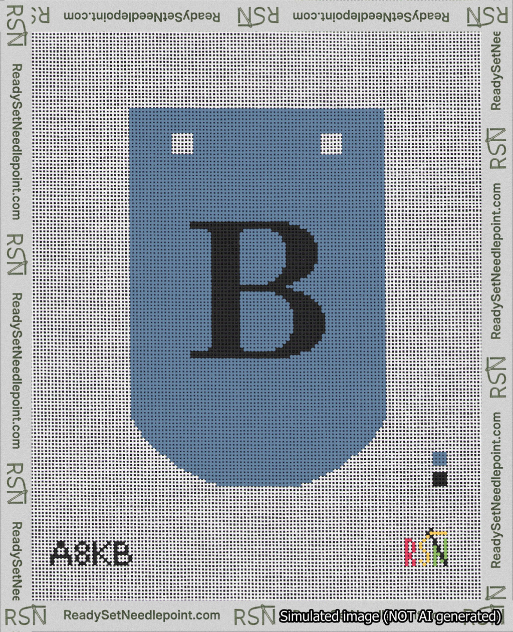 A taped needlepoint canvas with the design: Banner 18 mesh count Curved B Black on Blue.