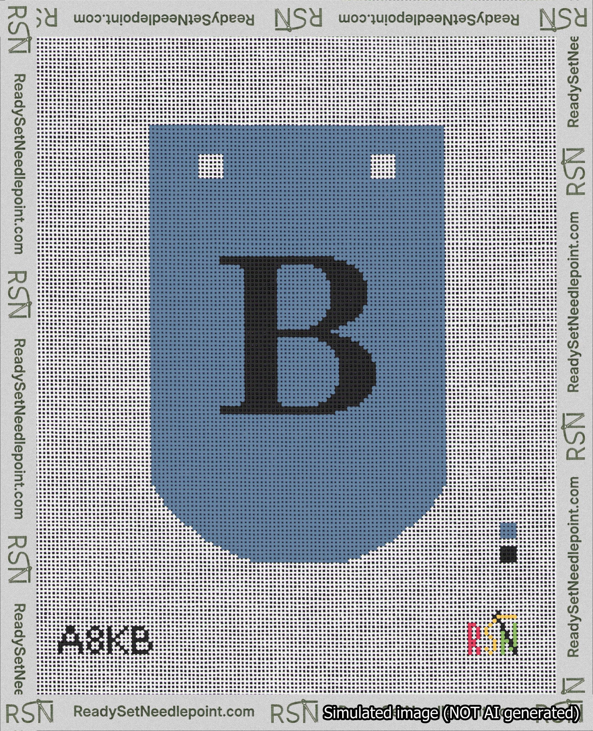 A taped needlepoint canvas with the design: Banner 18 mesh count Curved B Black on Blue.
