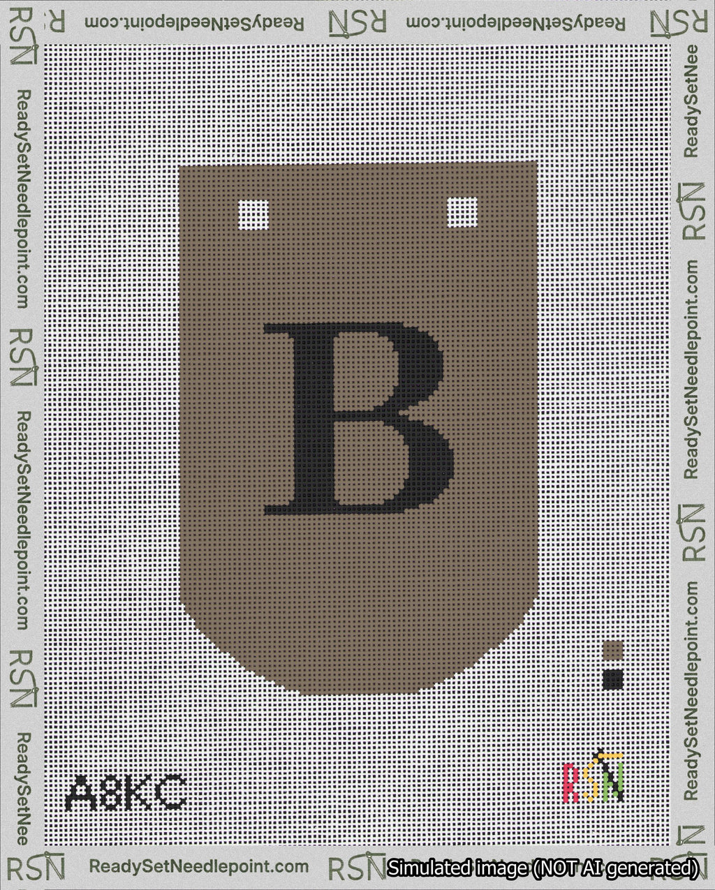 A taped needlepoint canvas with the design: Banner 18 mesh count Curved B Black on Brown.