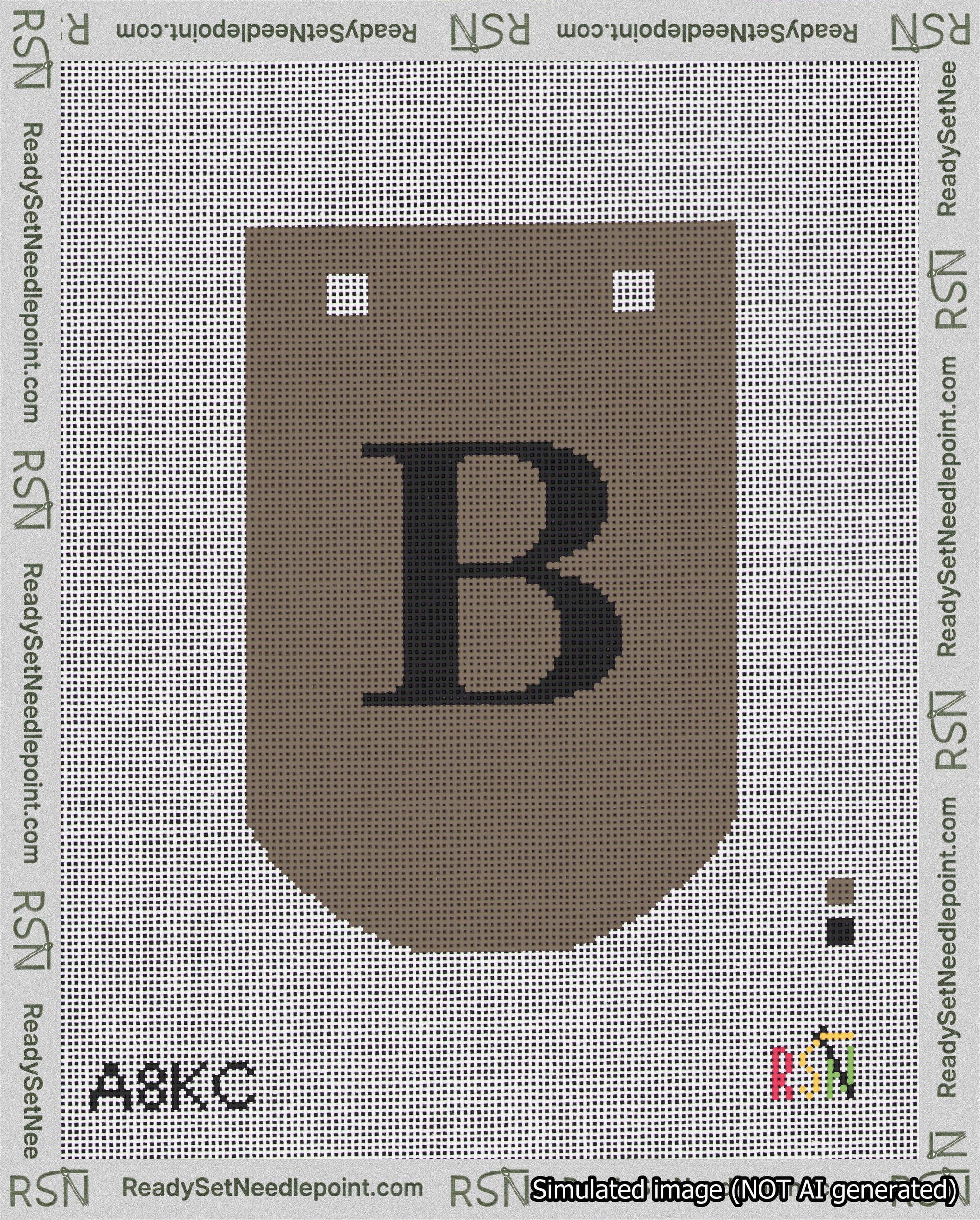 A taped needlepoint canvas with the design: Banner 18 mesh count Curved B Black on Brown.