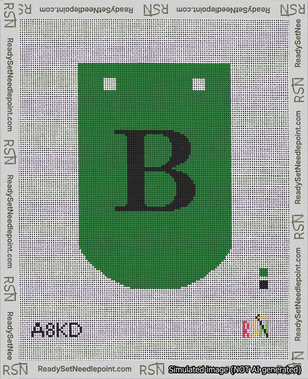 A taped needlepoint canvas with the design: Banner 18 mesh count Curved B Black on Green.