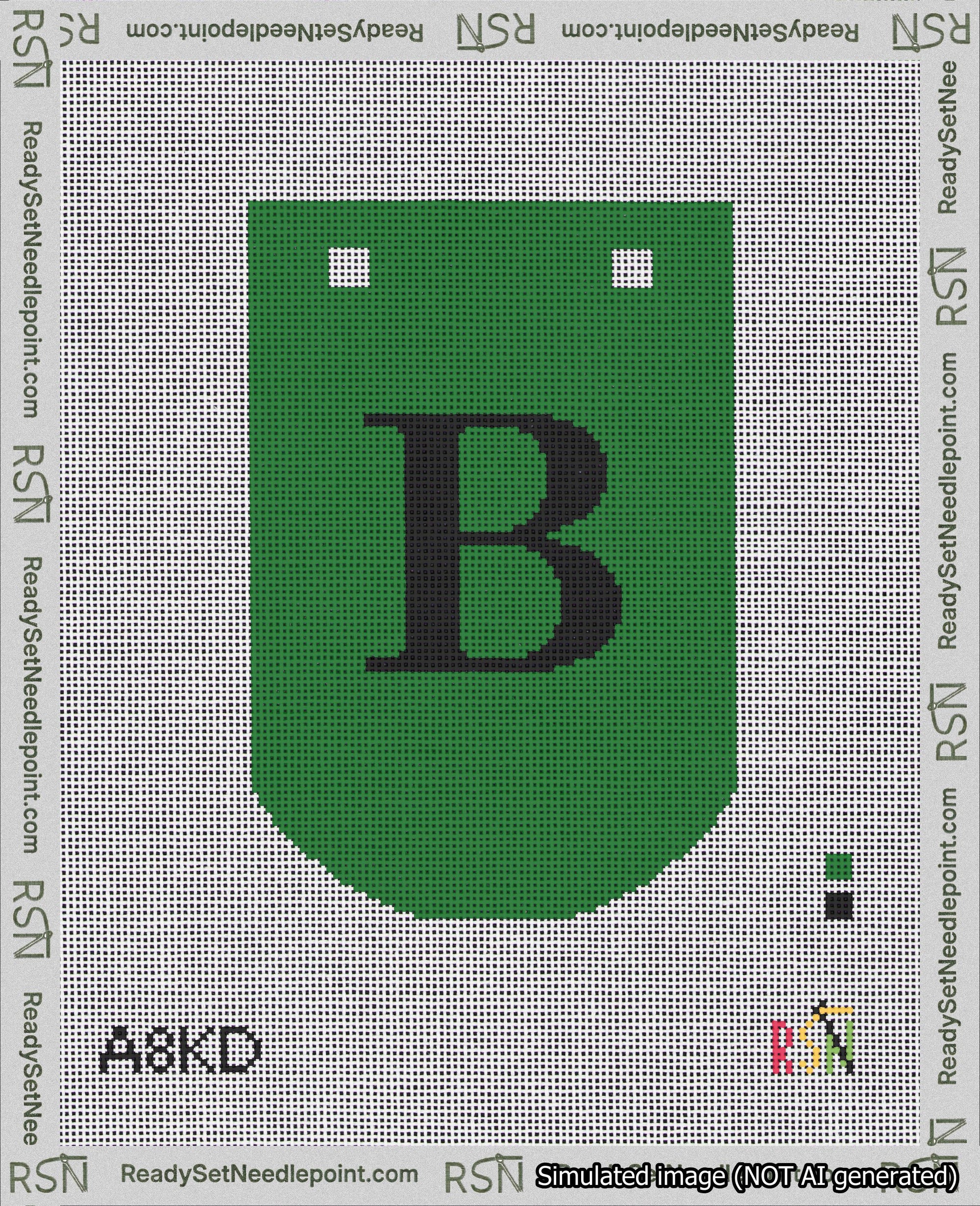 A taped needlepoint canvas with the design: Banner 18 mesh count Curved B Black on Green.