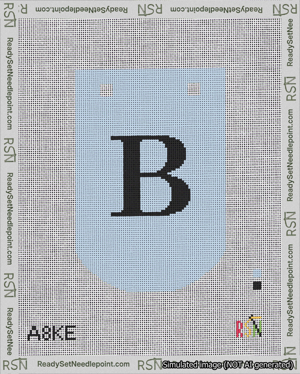 A taped needlepoint canvas with the design: Banner 18 mesh count Curved B Black on Light Blue.