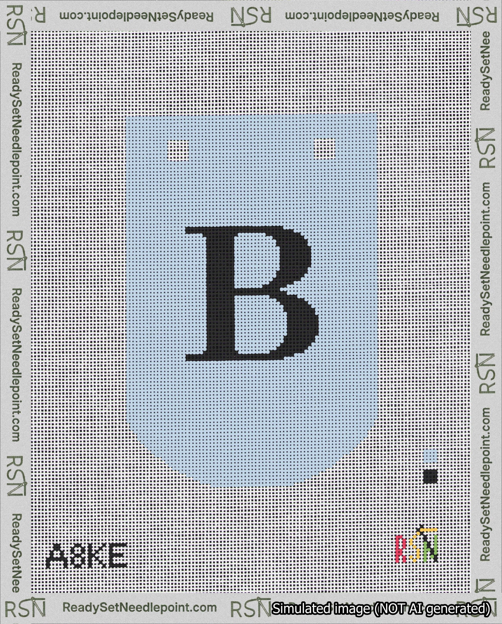 A taped needlepoint canvas with the design: Banner 18 mesh count Curved B Black on Light Blue.