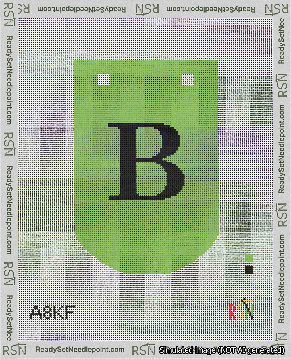 A taped needlepoint canvas with the design: Banner 18 mesh count Curved B Black on Light Green.