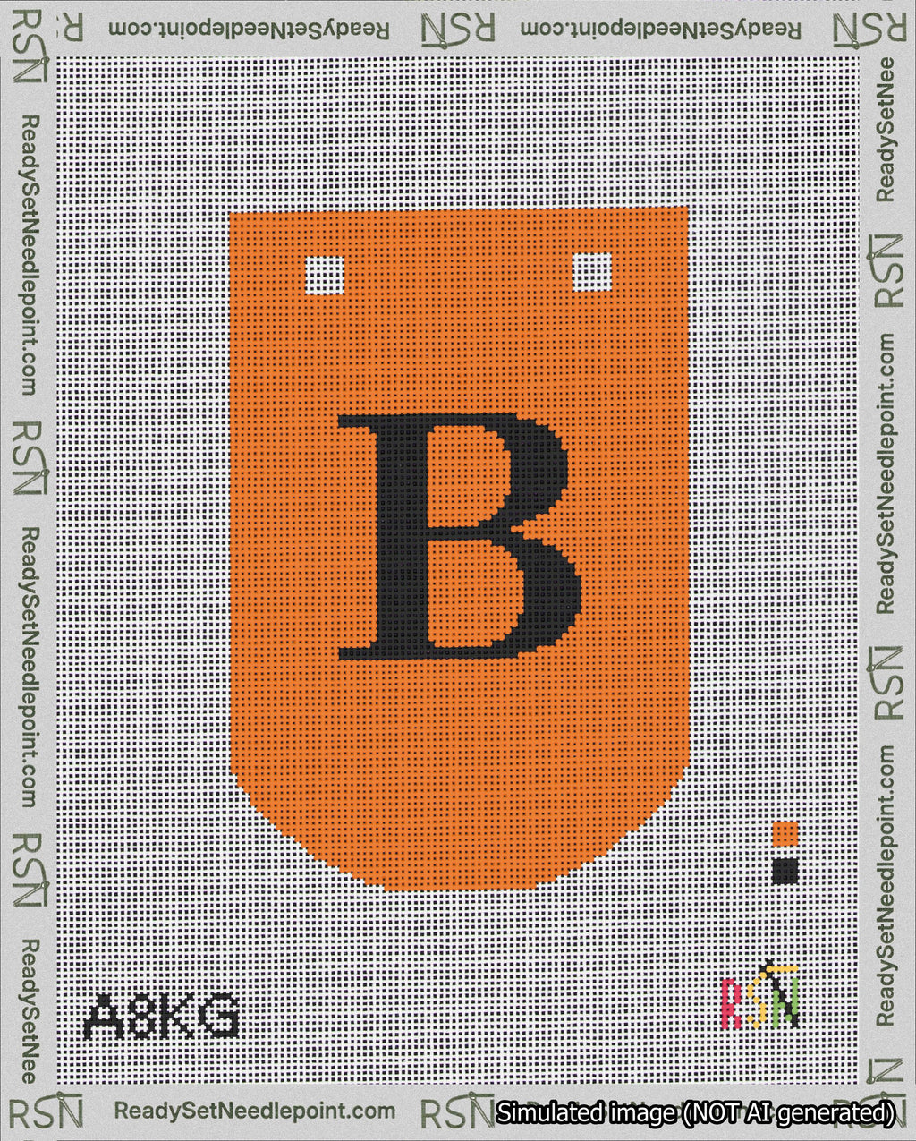 A taped needlepoint canvas with the design: Banner 18 mesh count Curved B Black on Orange.