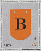 A taped needlepoint canvas with the design: Banner 18 mesh count Curved B Black on Orange.