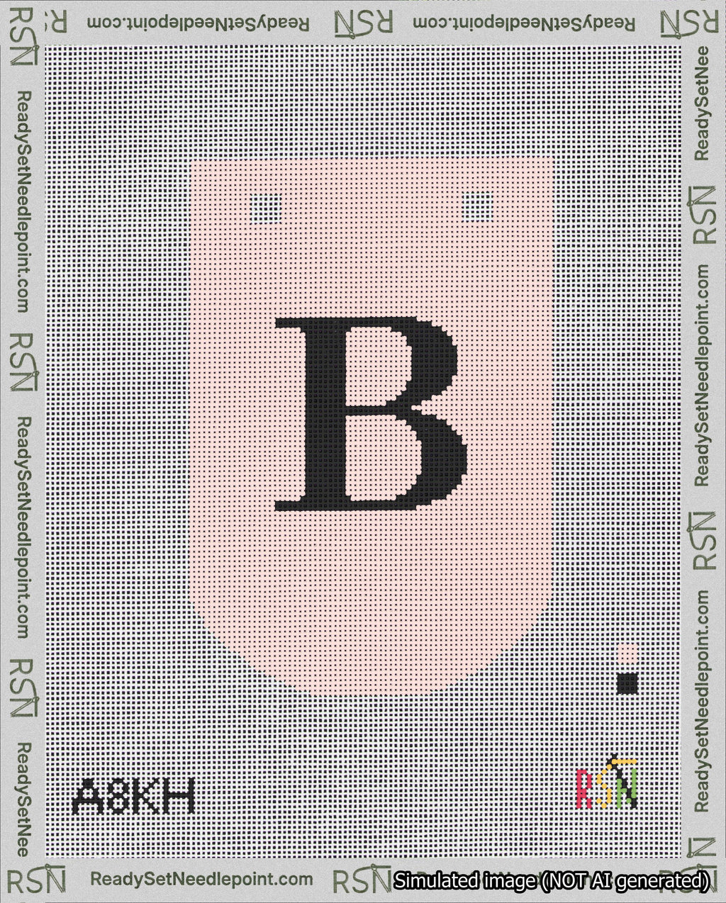 A taped needlepoint canvas with the design: Banner 18 mesh count Curved B Black on Pink.