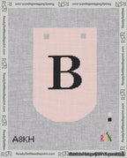 A taped needlepoint canvas with the design: Banner 18 mesh count Curved B Black on Pink.