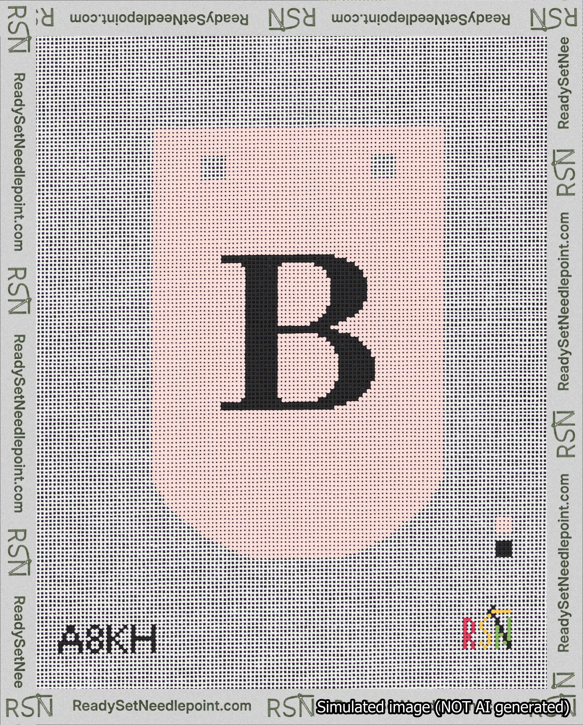 A taped needlepoint canvas with the design: Banner 18 mesh count Curved B Black on Pink.