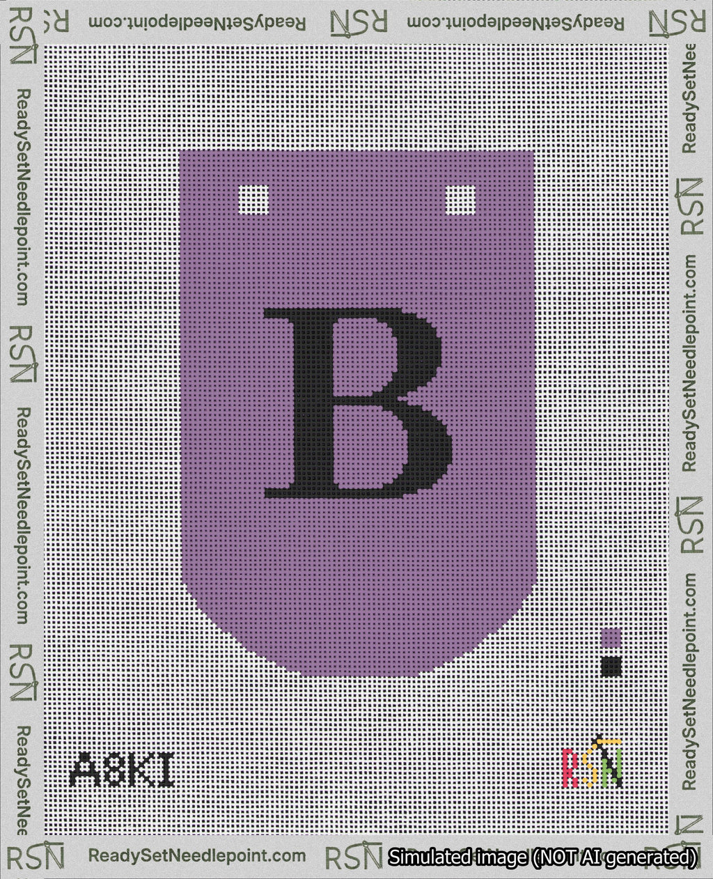 A taped needlepoint canvas with the design: Banner 18 mesh count Curved B Black on Purple.