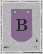A taped needlepoint canvas with the design: Banner 18 mesh count Curved B Black on Purple.
