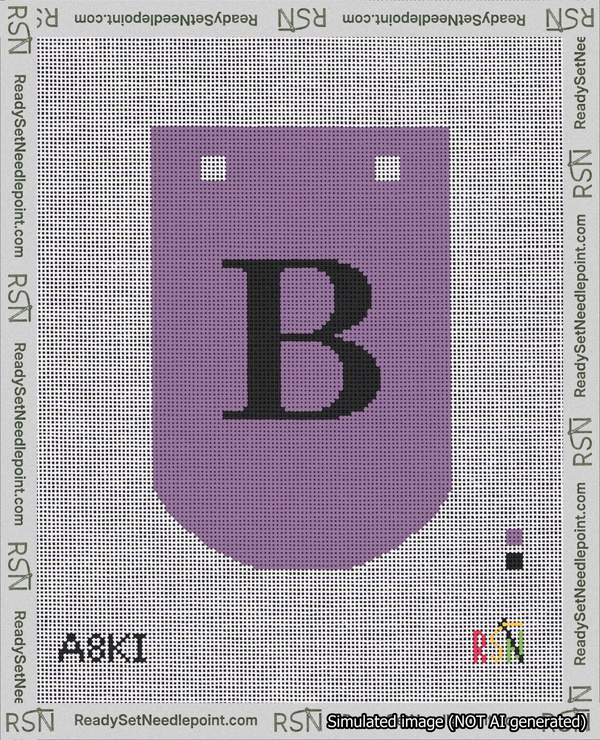 A taped needlepoint canvas with the design: Banner 18 mesh count Curved B Black on Purple.