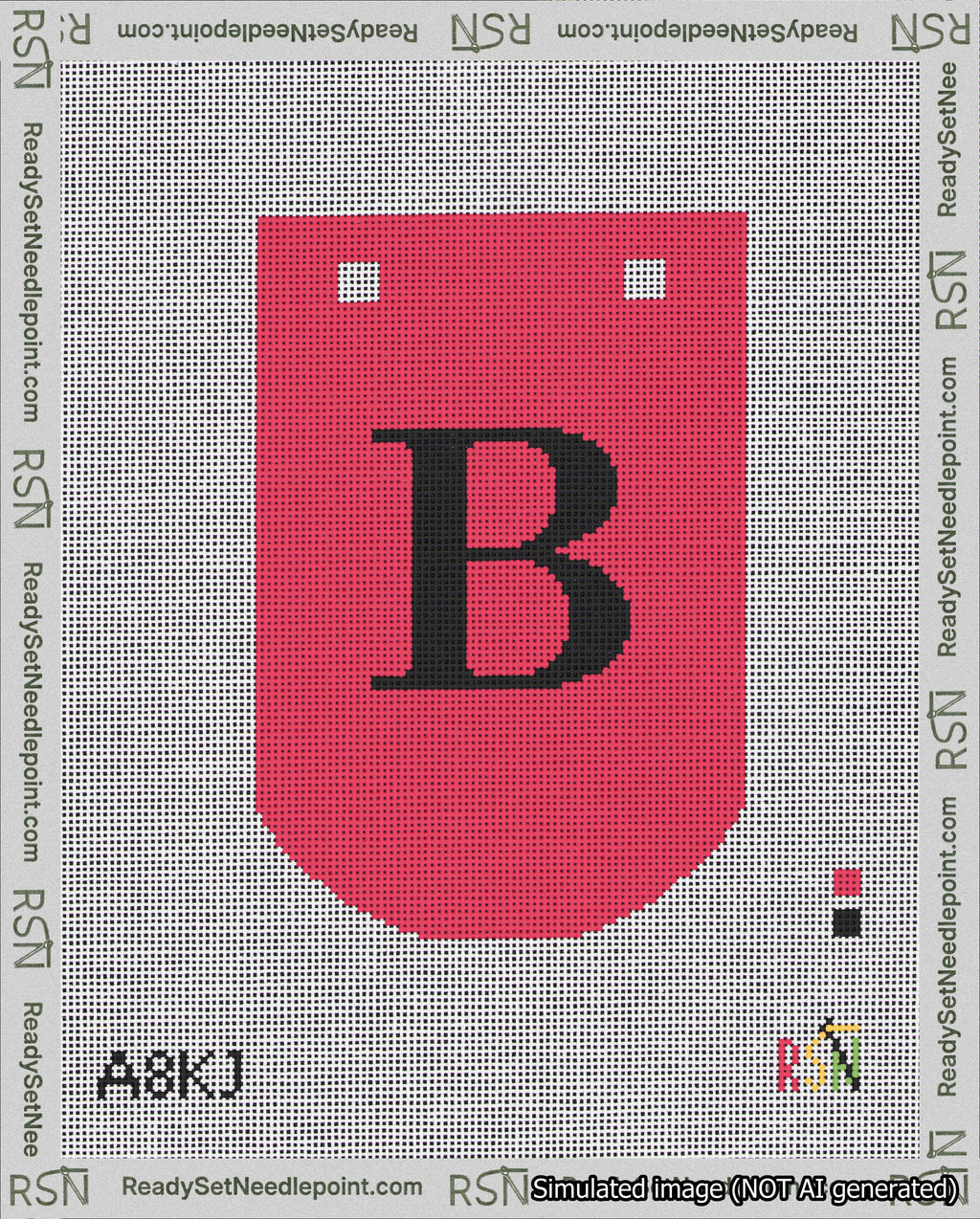 A taped needlepoint canvas with the design: Banner 18 mesh count Curved B Black on Red.