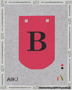 A taped needlepoint canvas with the design: Banner 18 mesh count Curved B Black on Red.
