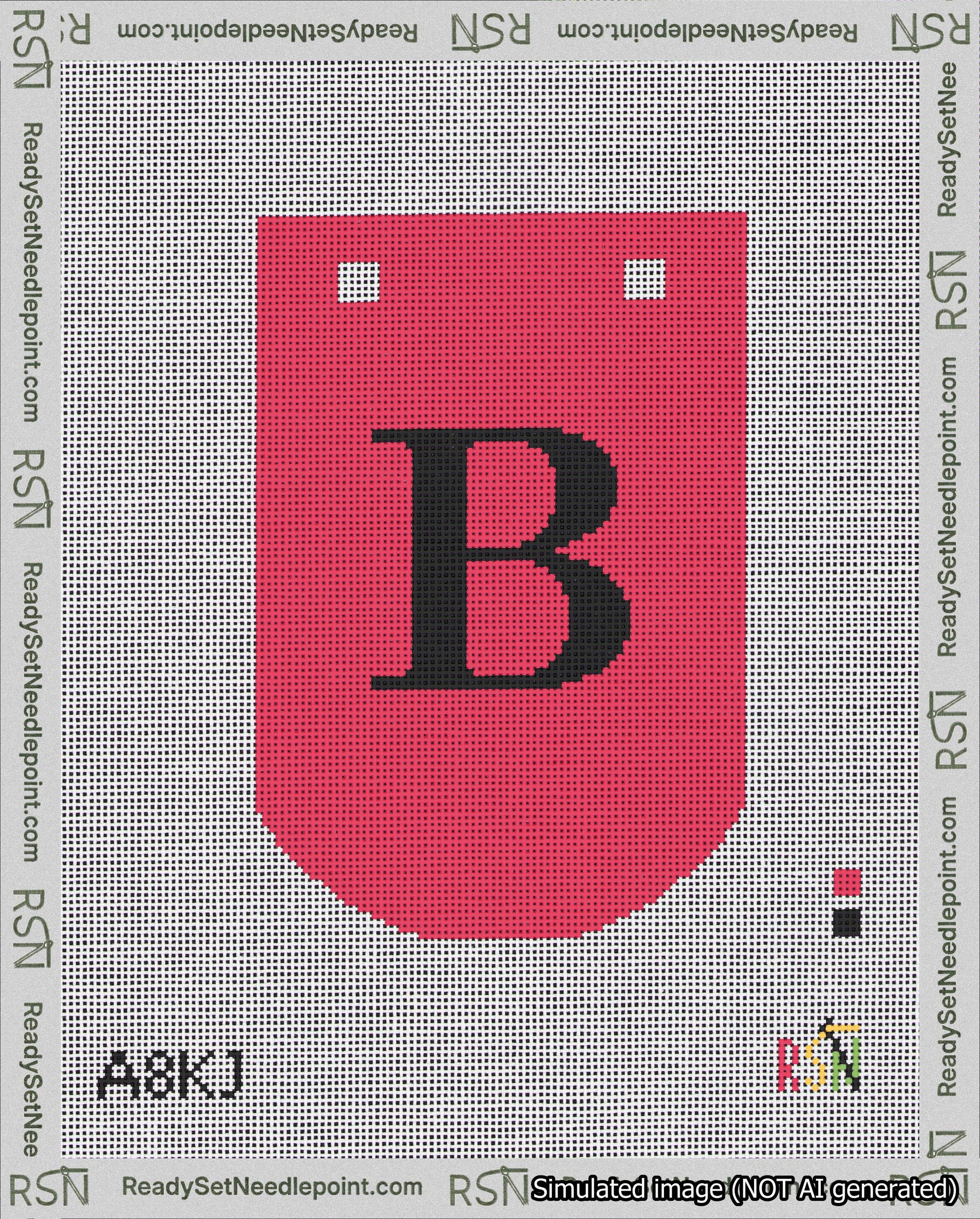 A taped needlepoint canvas with the design: Banner 18 mesh count Curved B Black on Red.
