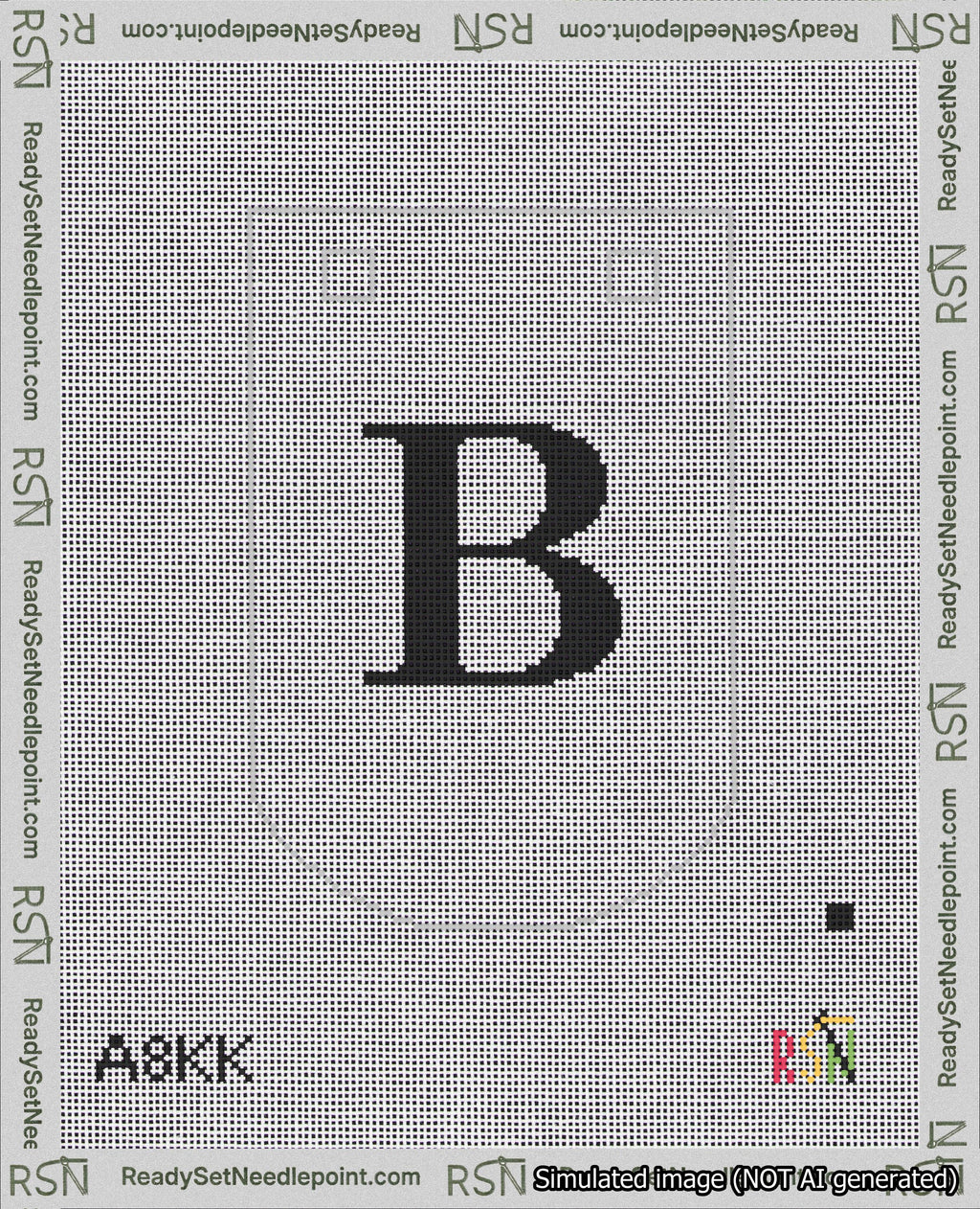 A taped needlepoint canvas with the design: Banner 18 mesh count Curved B Black on White.