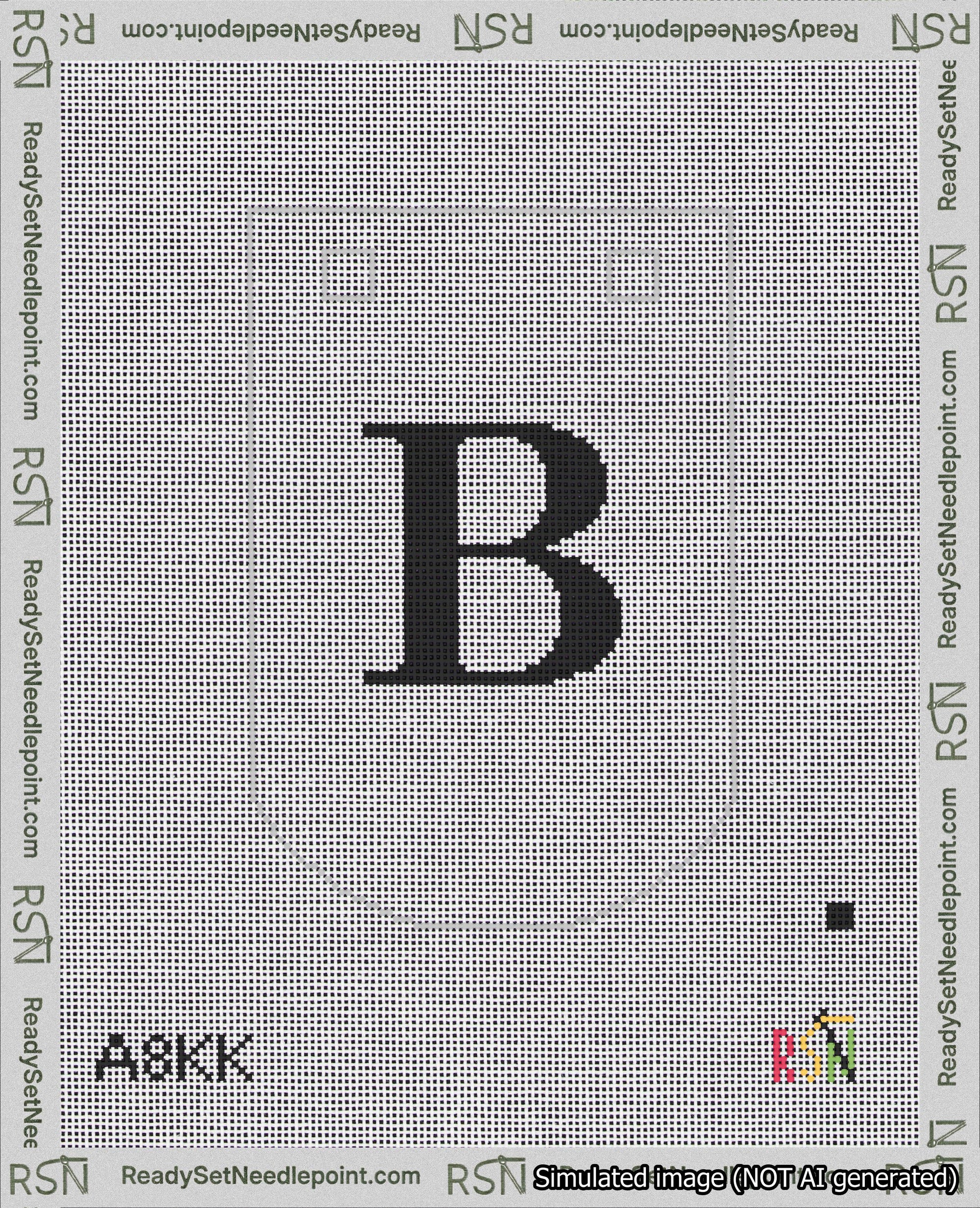 A taped needlepoint canvas with the design: Banner 18 mesh count Curved B Black on White.