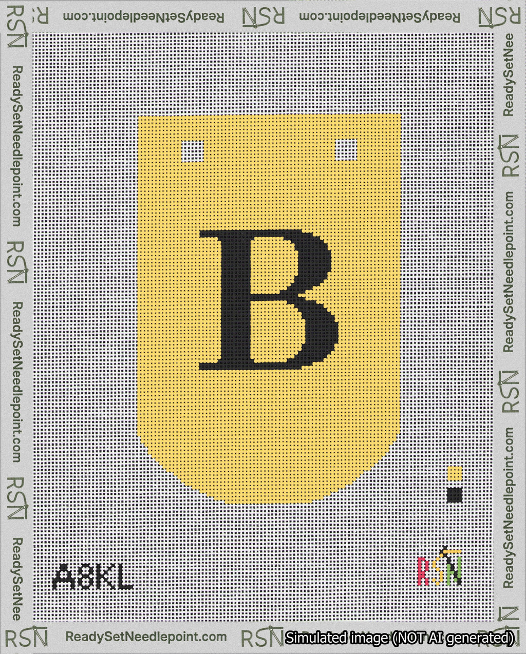 A taped needlepoint canvas with the design: Banner 18 mesh count Curved B Black on Yellow.