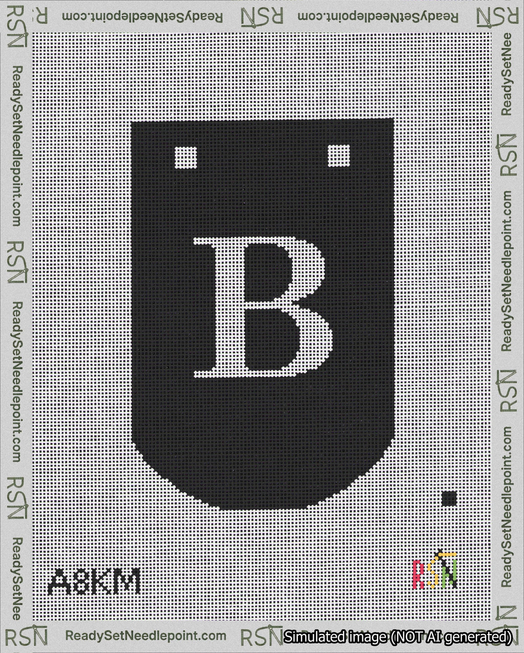 A taped needlepoint canvas with the design: Banner 18 mesh count Curved B White on Black.