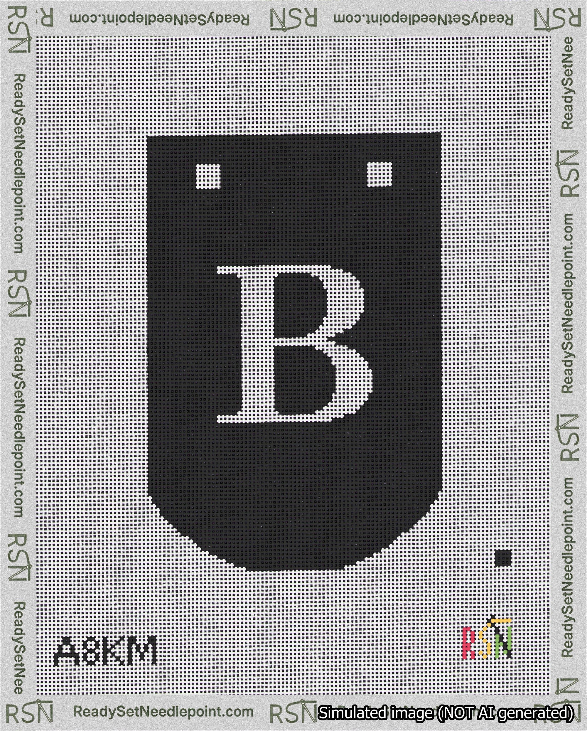 A taped needlepoint canvas with the design: Banner 18 mesh count Curved B White on Black.