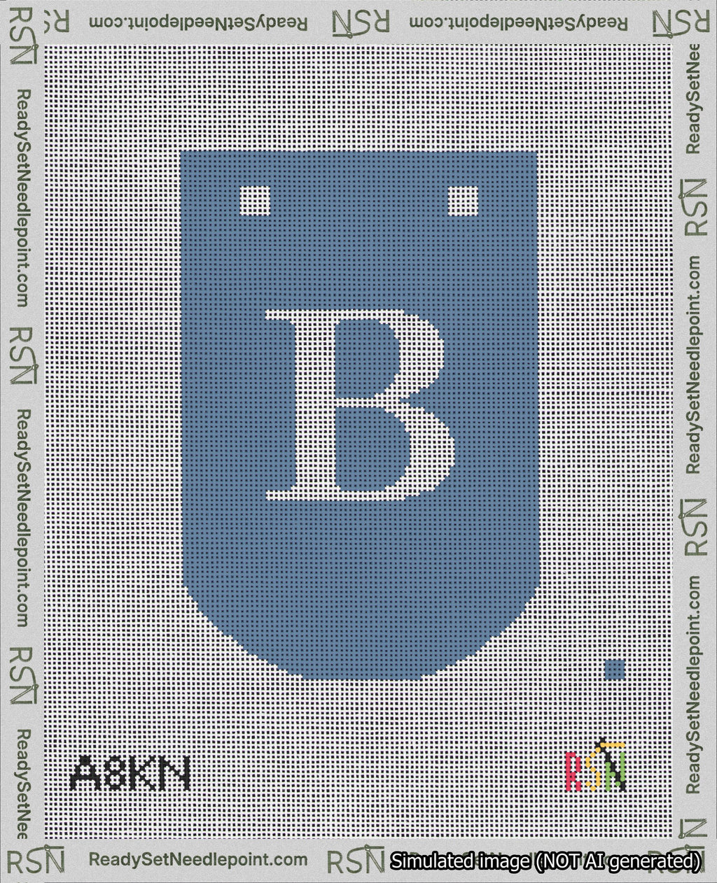 A taped needlepoint canvas with the design: Banner 18 mesh count Curved B White on Blue.
