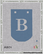 A taped needlepoint canvas with the design: Banner 18 mesh count Curved B White on Blue.