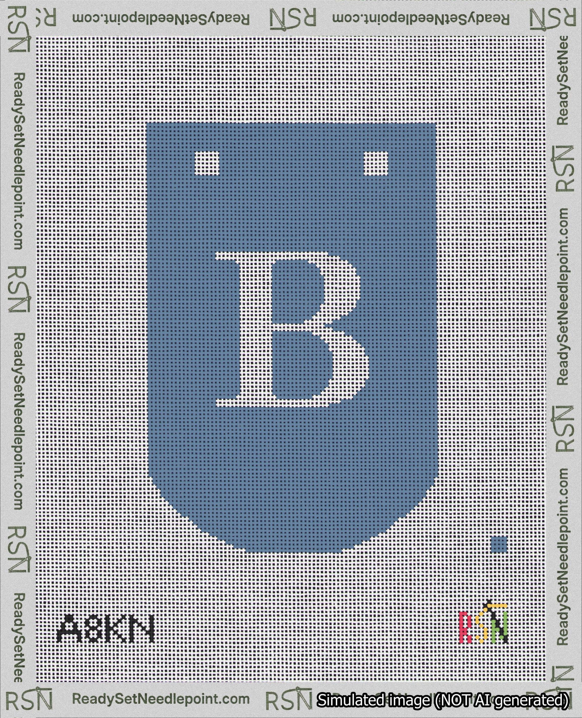 A taped needlepoint canvas with the design: Banner 18 mesh count Curved B White on Blue.