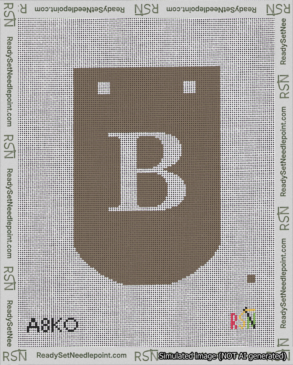 A taped needlepoint canvas with the design: Banner 18 mesh count Curved B White on Brown.