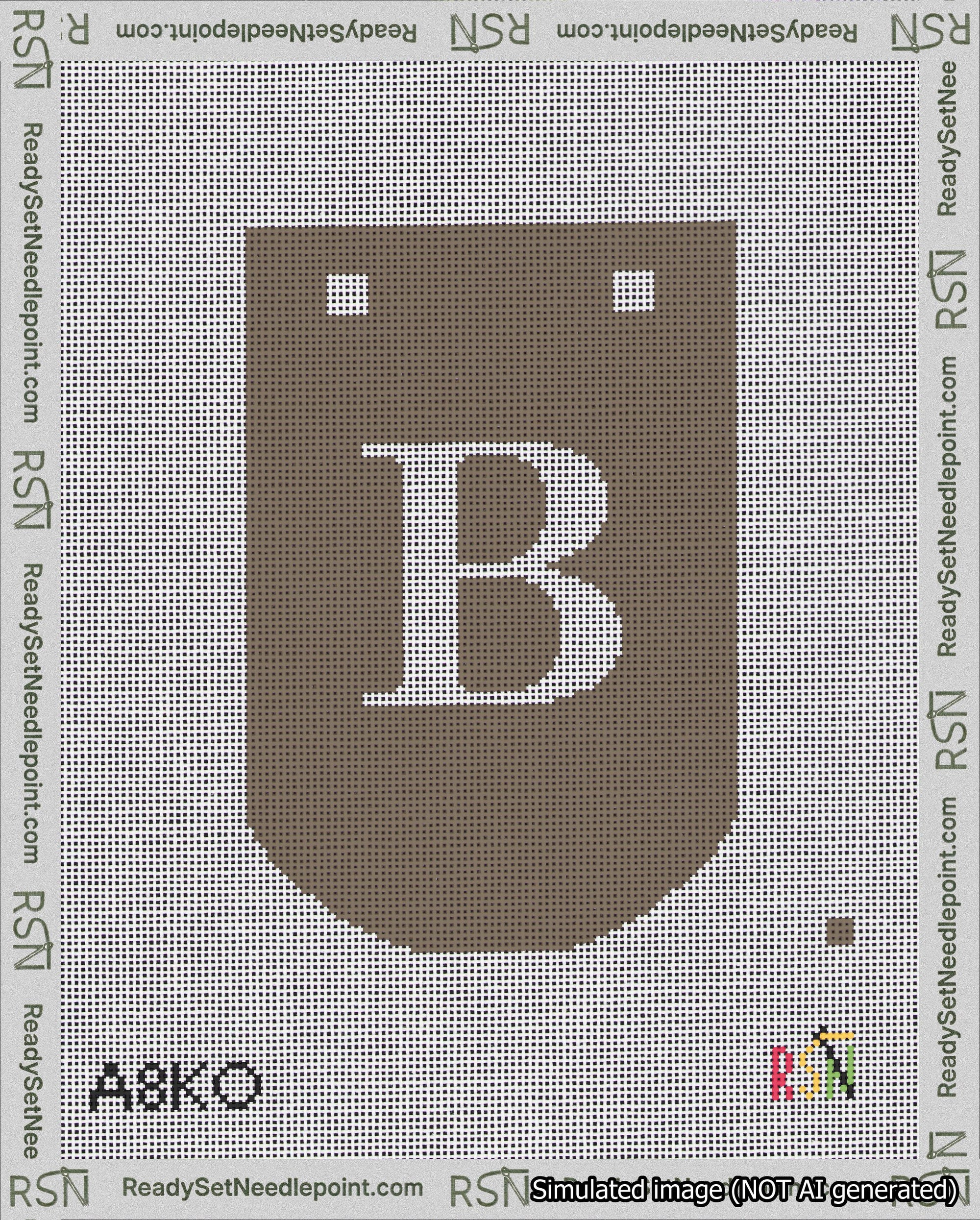 A taped needlepoint canvas with the design: Banner 18 mesh count Curved B White on Brown.