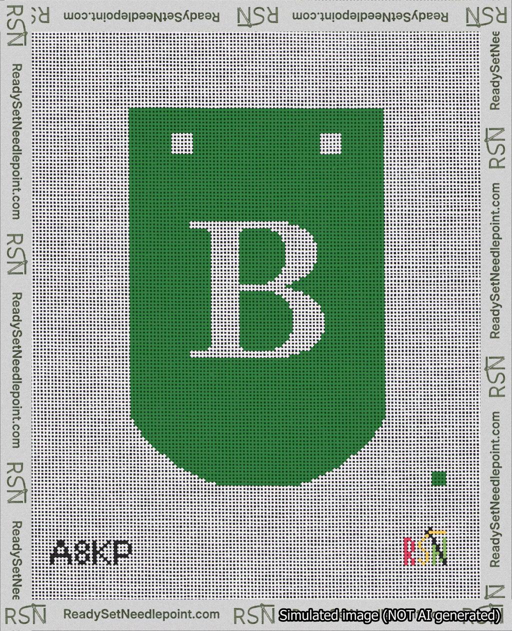 A taped needlepoint canvas with the design: Banner 18 mesh count Curved B White on Green.