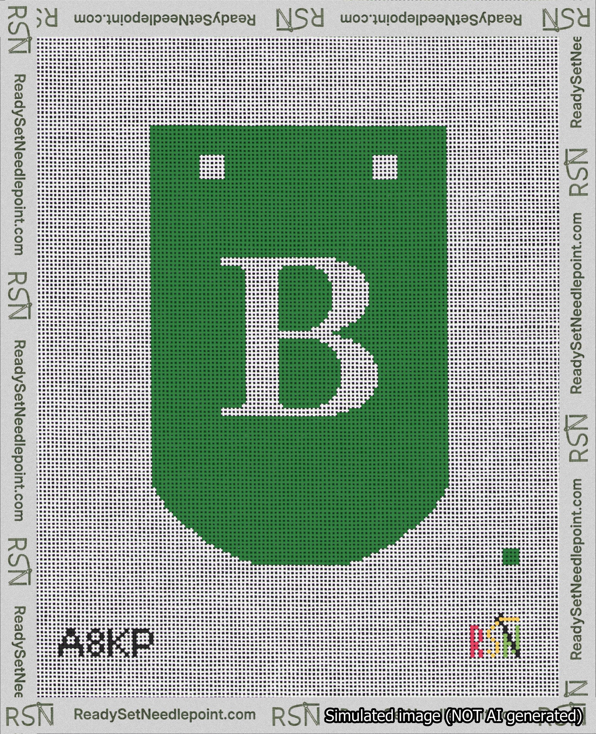 A taped needlepoint canvas with the design: Banner 18 mesh count Curved B White on Green.