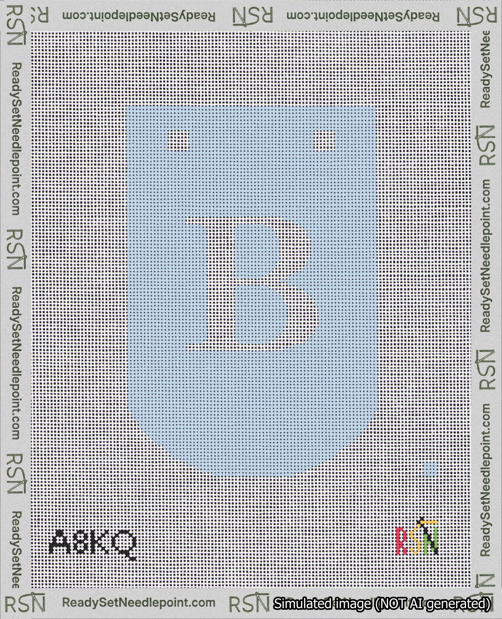 A taped needlepoint canvas with the design: Banner 18 mesh count Curved B White on Light Blue.