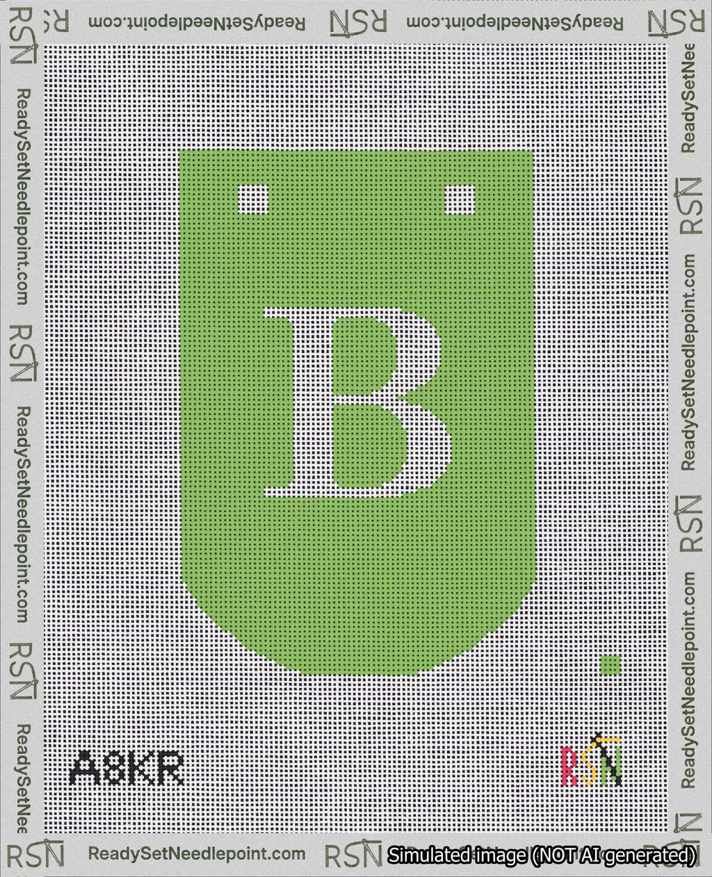 A taped needlepoint canvas with the design: Banner 18 mesh count Curved B White on Light Green.