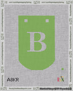 A taped needlepoint canvas with the design: Banner 18 mesh count Curved B White on Light Green.