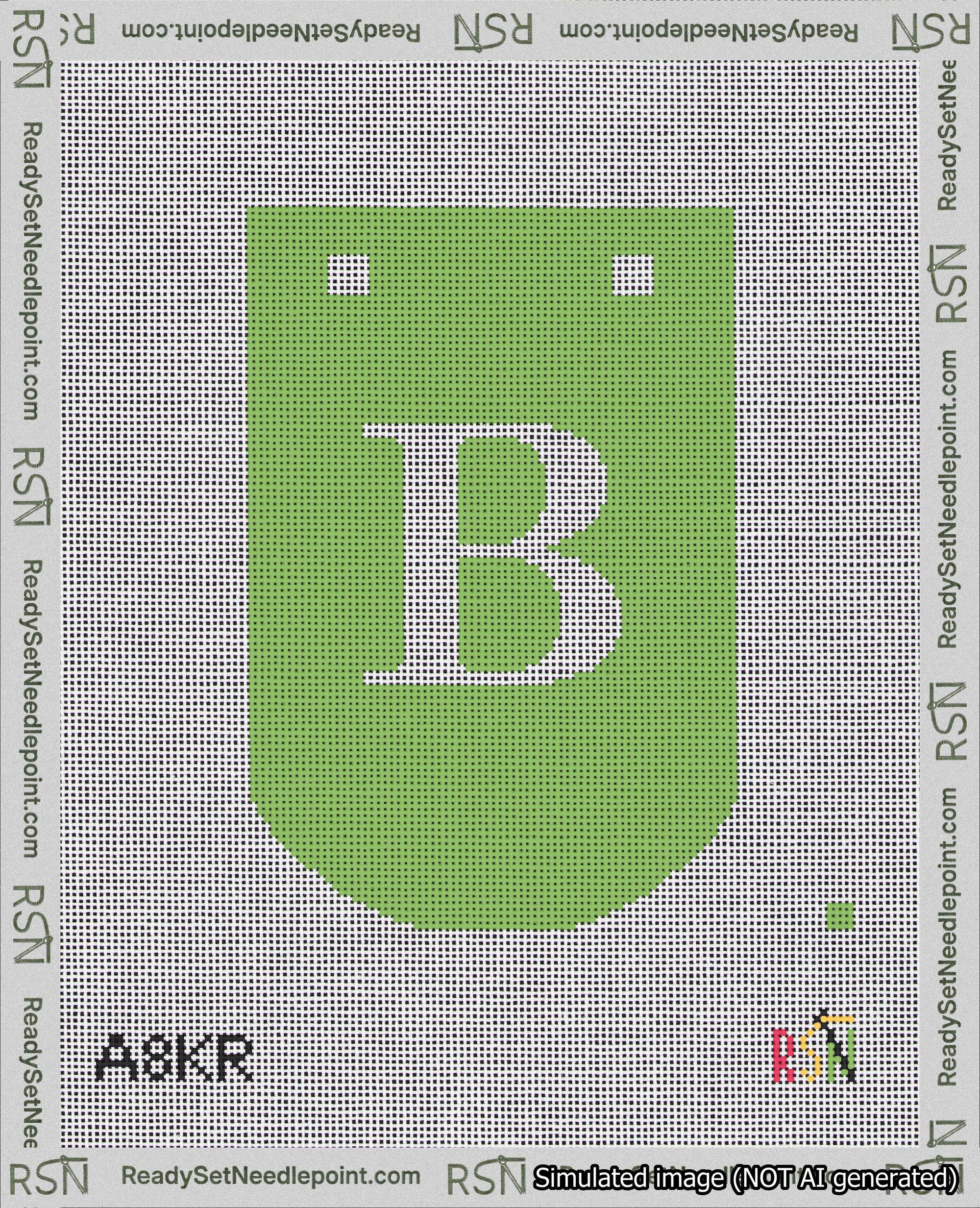 A taped needlepoint canvas with the design: Banner 18 mesh count Curved B White on Light Green.