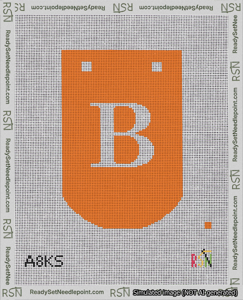 A taped needlepoint canvas with the design: Banner 18 mesh count Curved B White on Orange.