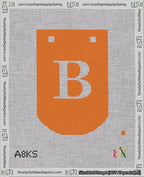 A taped needlepoint canvas with the design: Banner 18 mesh count Curved B White on Orange.