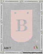 A taped needlepoint canvas with the design: Banner 18 mesh count Curved B White on Pink.