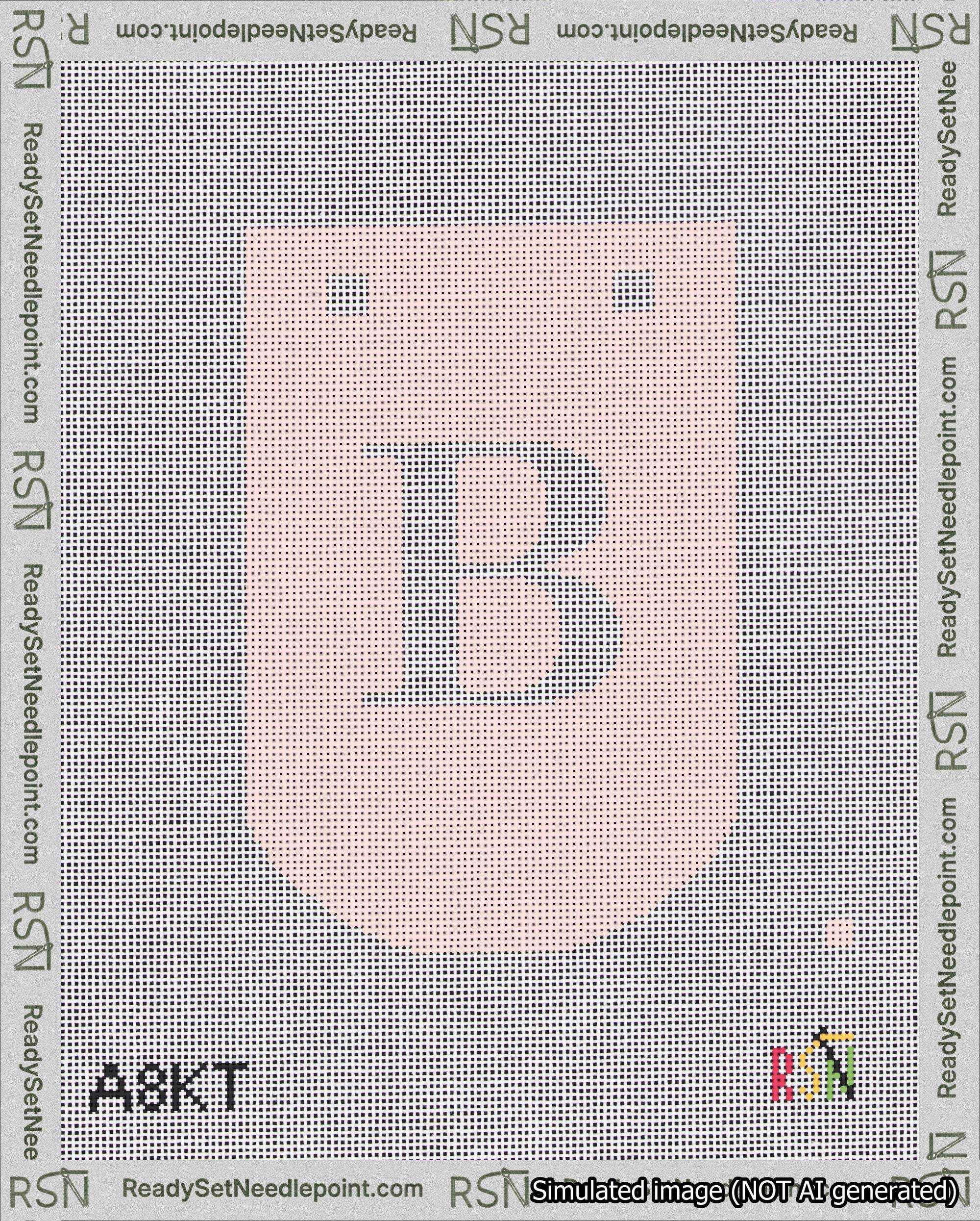 A taped needlepoint canvas with the design: Banner 18 mesh count Curved B White on Pink.