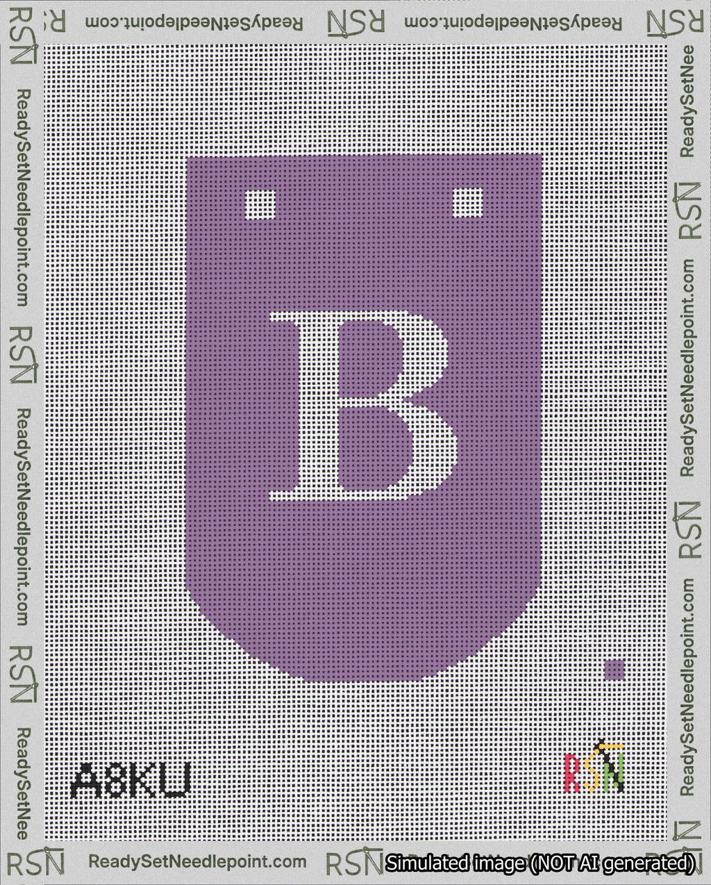 A taped needlepoint canvas with the design: Banner 18 mesh count Curved B White on Purple.