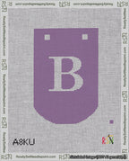 A taped needlepoint canvas with the design: Banner 18 mesh count Curved B White on Purple.