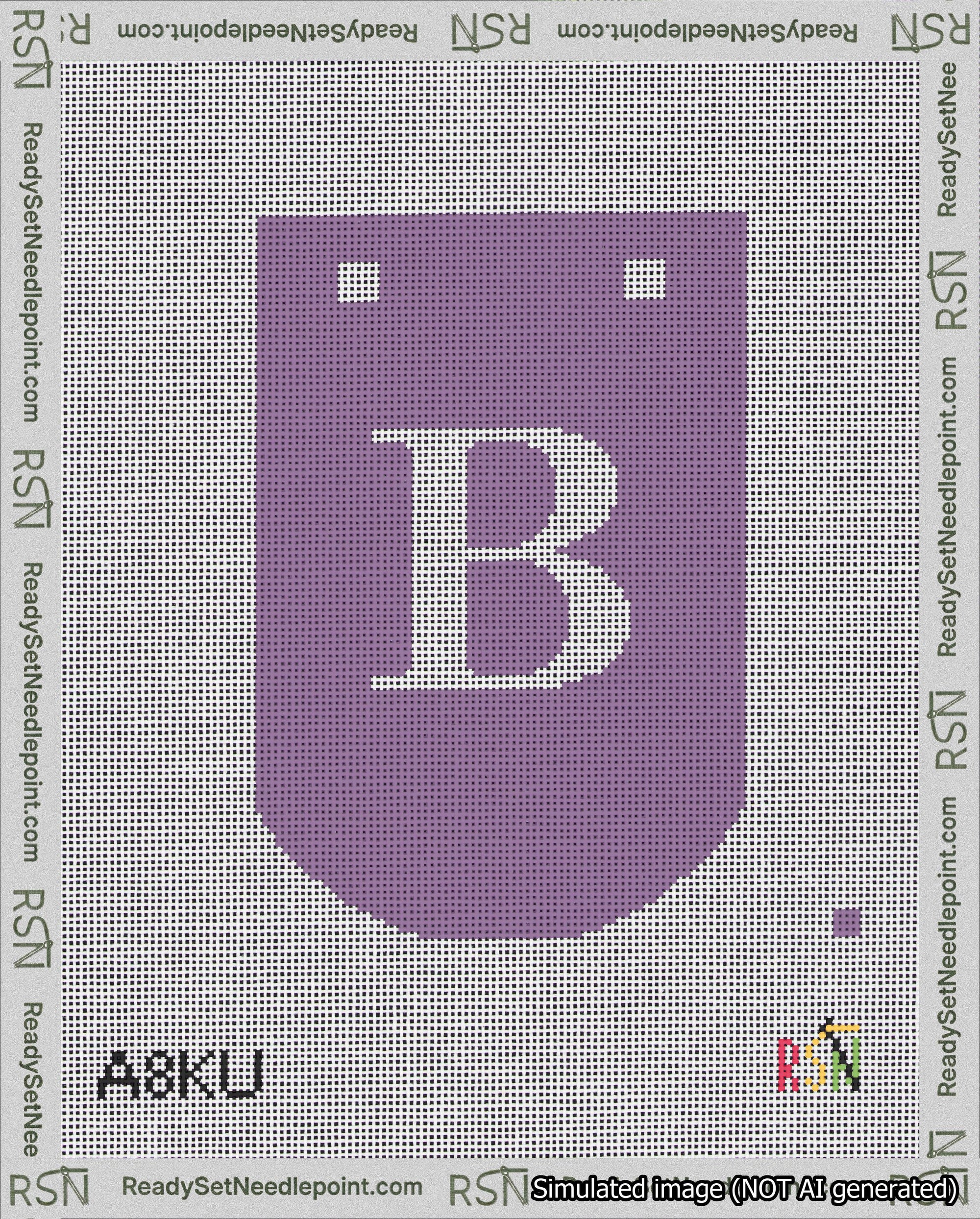A taped needlepoint canvas with the design: Banner 18 mesh count Curved B White on Purple.